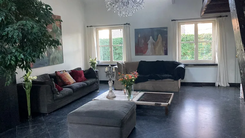 De salon bij daglicht: zetels, een kroonluchter, werken aan de muur.