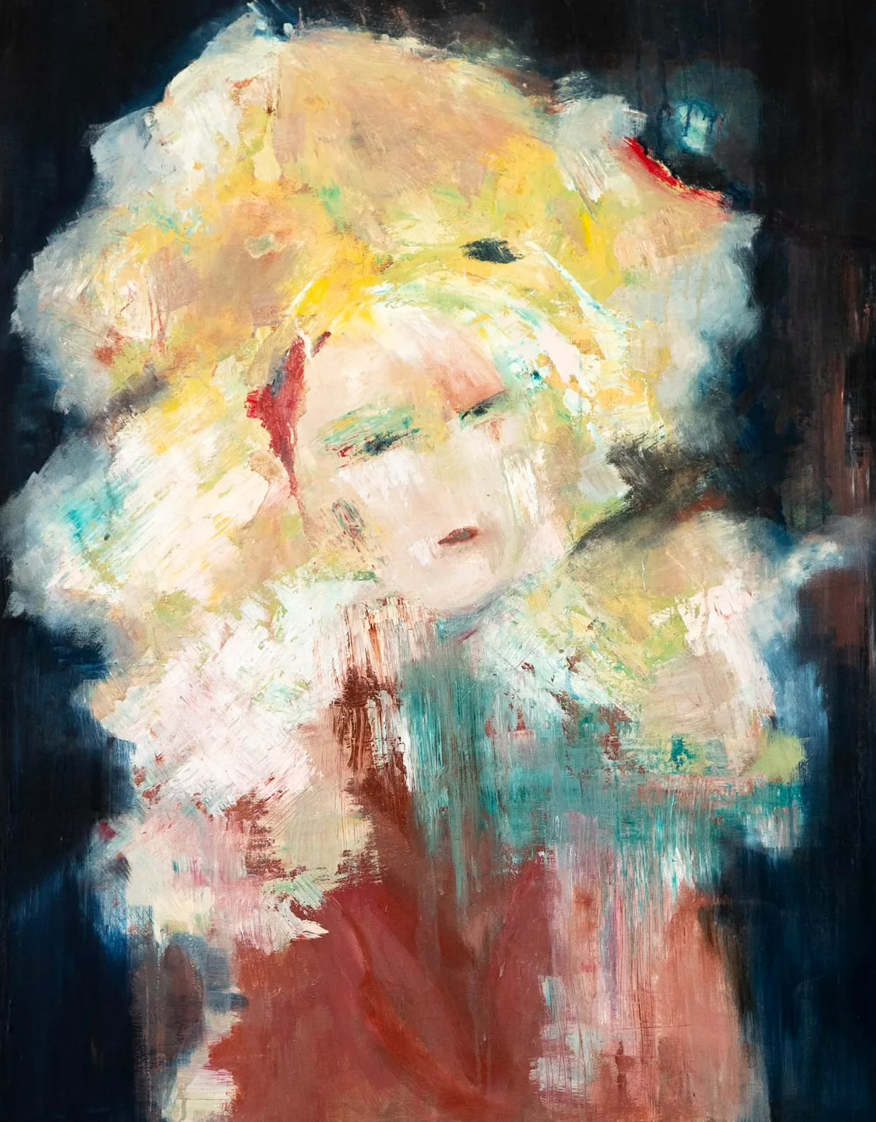 Blonde vrouw: een vrouwengezicht in een wolk van geel en wit, tegen een donkere achtergrond, onderaan rood.